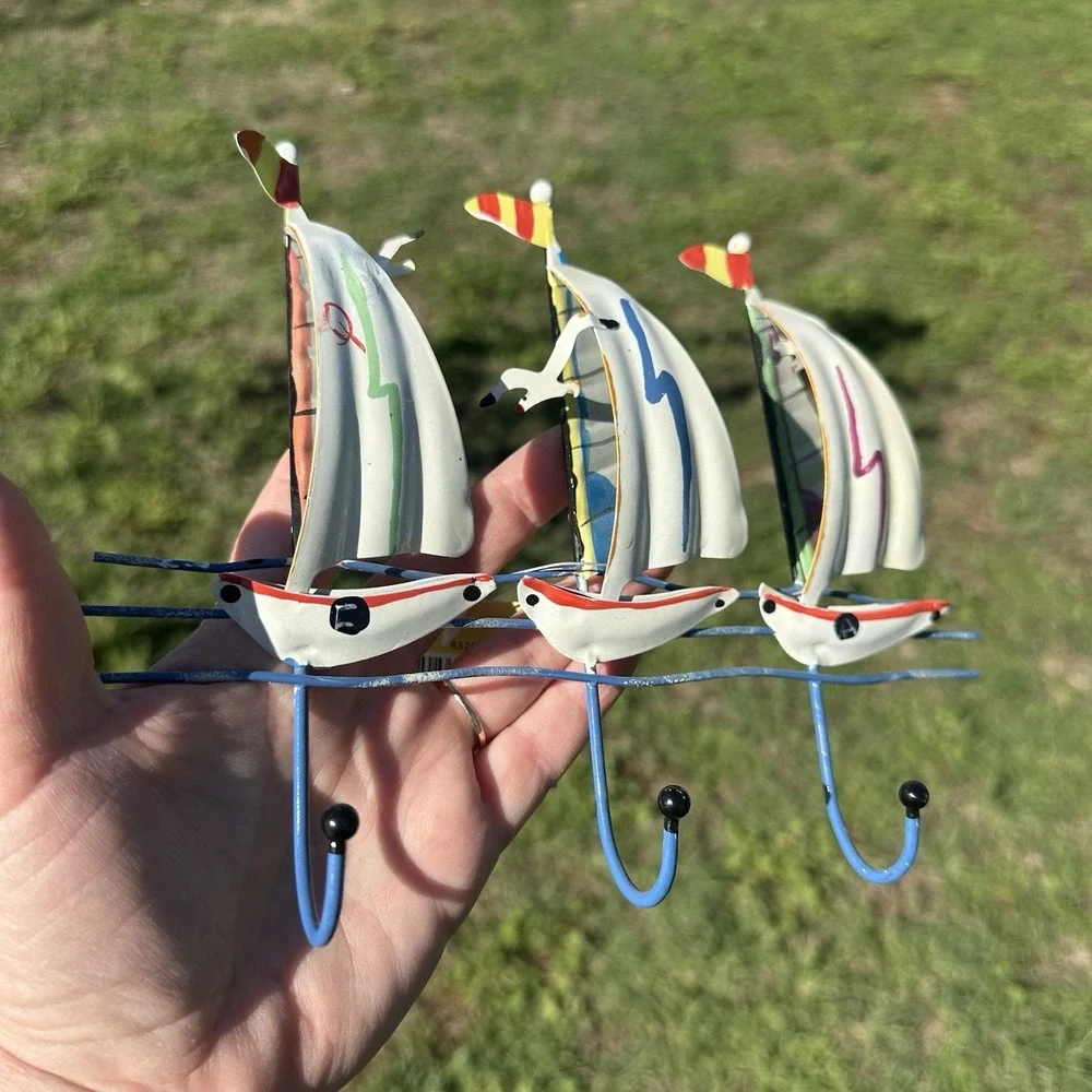 VINTAGE Three Sailboat Boats Wall Coat Hanger Seagulls Metal Beach Nautical 3D